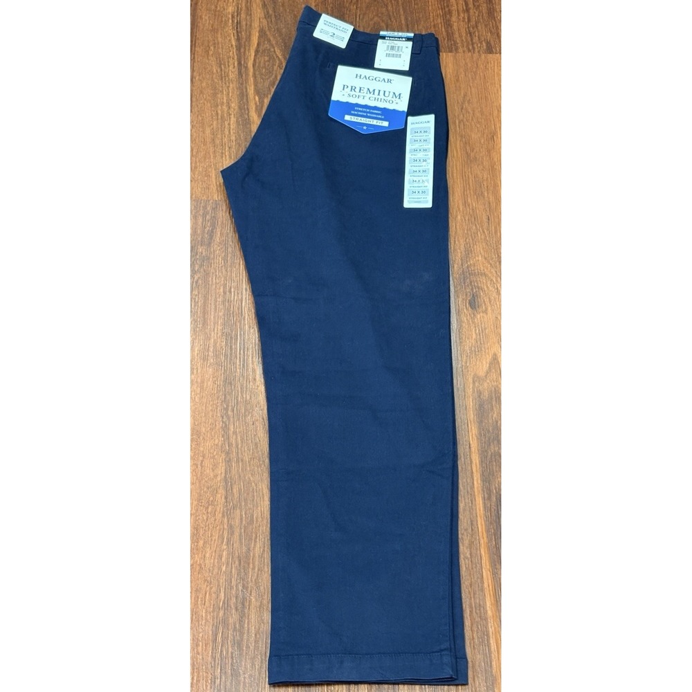 NEW Haggar Straight Fit Mens Pants 34W x 30L Waistband Navy Premium Soft Stretch - Picture 13 of 14